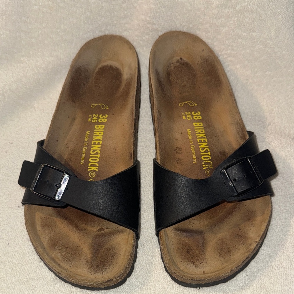 EUC Birkenstock Madrid Black Leather Slides Size 38